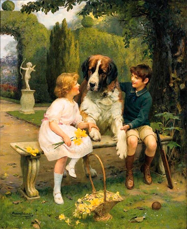 Картина Артура Джона Элсли -Дети и Сенбернар